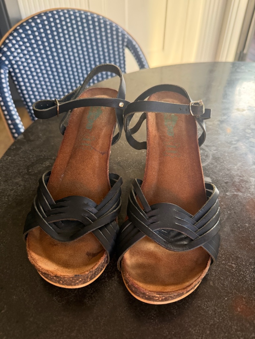 Women’s Black Leather Strappy Wedge Sandals